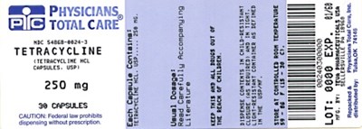 Tetracycline HCl 250mg package label - 250mg package label